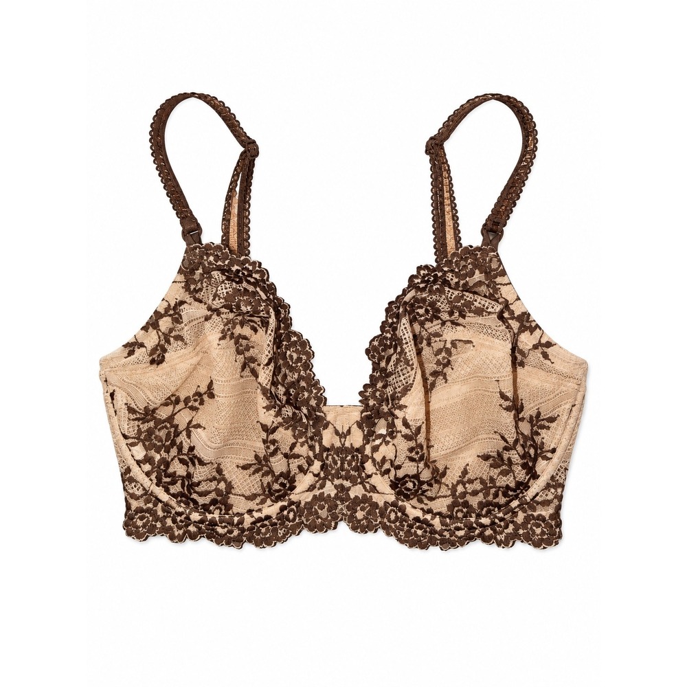 Wacoal Embrace Lace Underwire Bra 32DD Brown Tan Floral Unlined Plunge 65191 D5